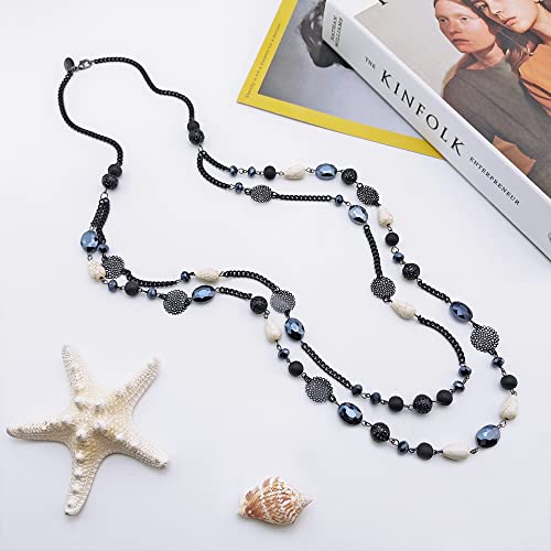Bocar Long Necklaces for Women Trendy, Boho Layered Crystal Beaded Collar Necklaces for Women, Fashion Statement Necklaces Jewelry (NK-10084-Pirate Black) - Image 2