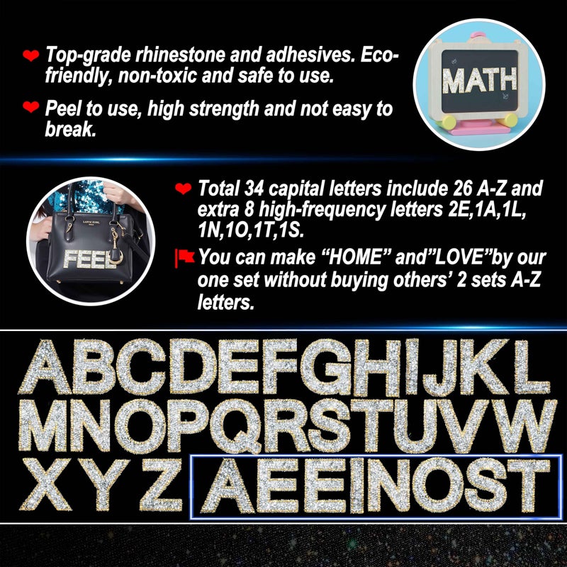 Locacrystal 34Pcs Rhinestone Letter Stickers Bling Glitter Alphabet A-Z Letters Self-Adhesive Crystal Word Sticker Iron on Letters for Clothing Art Crafts DIY Decors(Silver+Gold,2.24") - Image 3