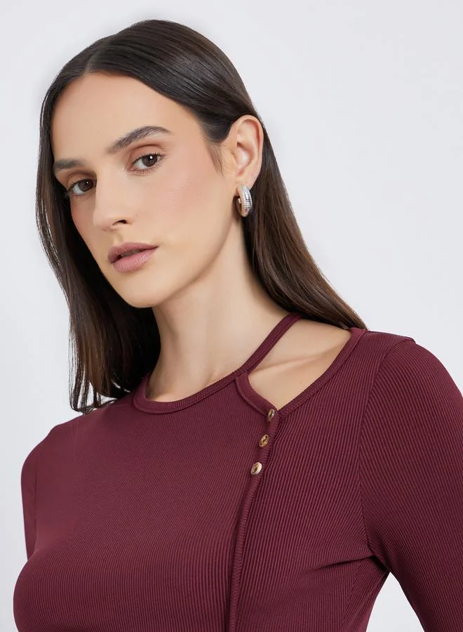 Styli Styli Burgundy Ribbed Knit Top with Cut-Out Detail