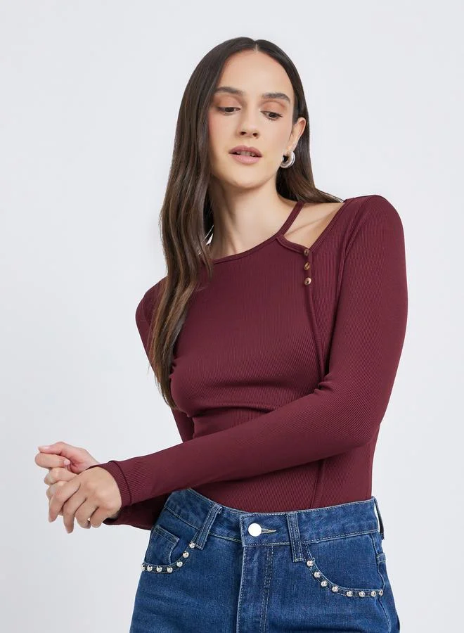 Styli Styli Burgundy Ribbed Knit Top with Cut-Out Detail