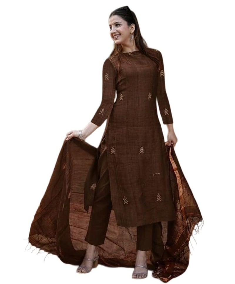 ANNI Designer Women's Rayon Viscose Printed Straight Kurta with Pant & Dupatta (CHAKORI Brown_S_Brown_Small) - Image 1