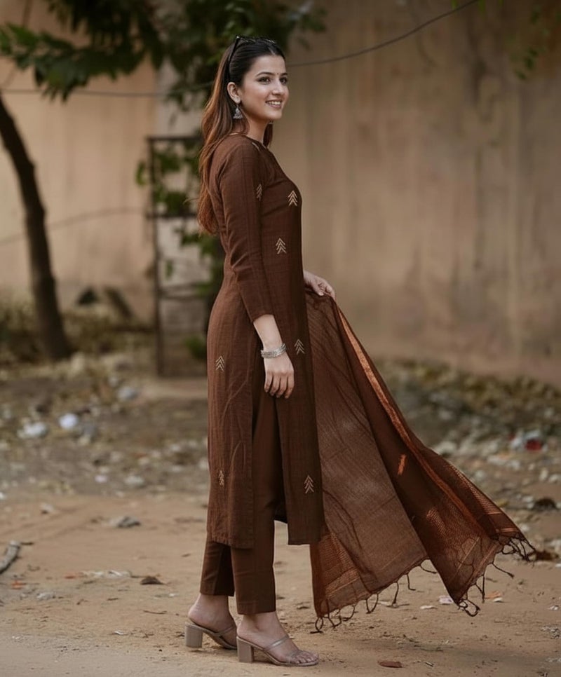 ANNI Designer Women's Rayon Viscose Printed Straight Kurta with Pant & Dupatta (CHAKORI Brown_S_Brown_Small) - Image 3