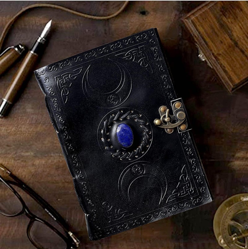 cuero 3 Moon Blue Lapis Embossed Vintage Leather Journal for Men & Women - 176 Pages, Antique Handmade Deckle Edge Vintage Paper, Leather Journal Writing Notebook Dairy Gift(10 inch by 13 inch, Black) [Unknown Binding] - Image 3