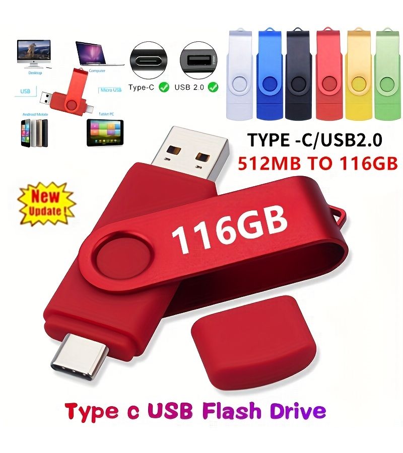 محرك أقراص فلاش USB من النوع C عالي السرعة OTG USB 2.0 بتصميم 2 في 1 سعة 116 جيجابايت باللون الأحمر - Image 1