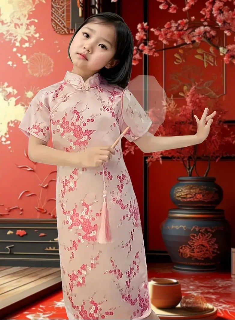 ارواق فستان شيونغسام للفتيات على الطراز القبلي، فستان صيني تقليدي من البوليستر بنمط هندسي، نسيج منسوج مع ياقة ماندرين لأكثر من 3 سنوات، هدية احتفالية لرأس السنة وعيد الميلاد باللون الوردي - Image 1