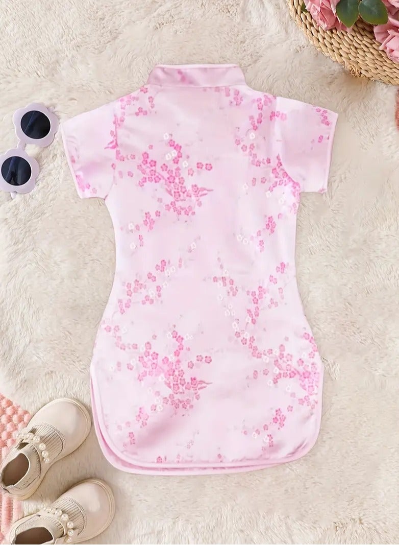 ارواق فستان شيونغسام للفتيات على الطراز القبلي، فستان صيني تقليدي من البوليستر بنمط هندسي، نسيج منسوج مع ياقة ماندرين لأكثر من 3 سنوات، هدية احتفالية لرأس السنة وعيد الميلاد باللون الوردي - Image 2