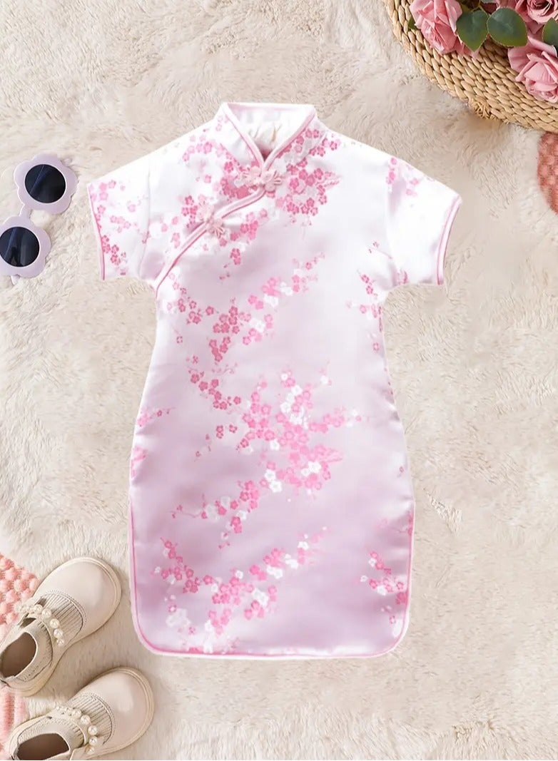 ارواق فستان شيونغسام للفتيات على الطراز القبلي، فستان صيني تقليدي من البوليستر بنمط هندسي، نسيج منسوج مع ياقة ماندرين لأكثر من 3 سنوات، هدية احتفالية لرأس السنة وعيد الميلاد باللون الوردي - Image 3