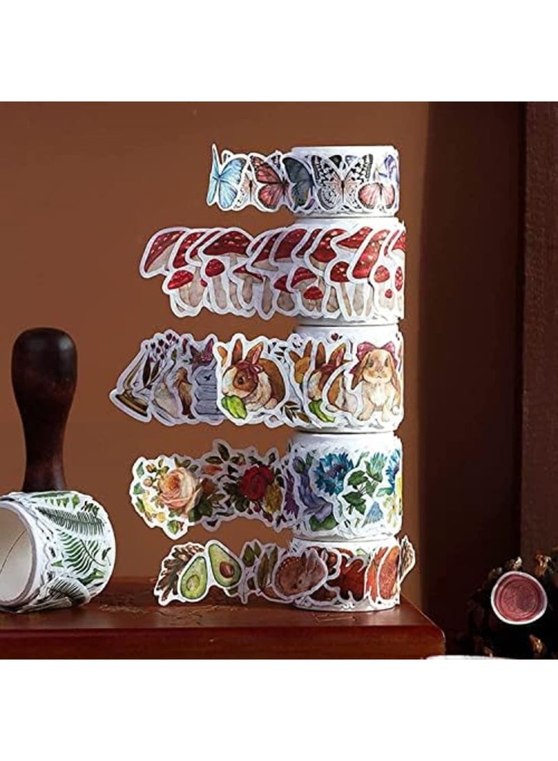 600 قطعة شريط لاصق وشي، 6 لفات شريط وشي عتيق، زينة فراشة وزهرة وحيوان وأوراق وفطر، ملصقات ألبوم قصاصات للفن، ملصقات جمالية ملونة - Image 2