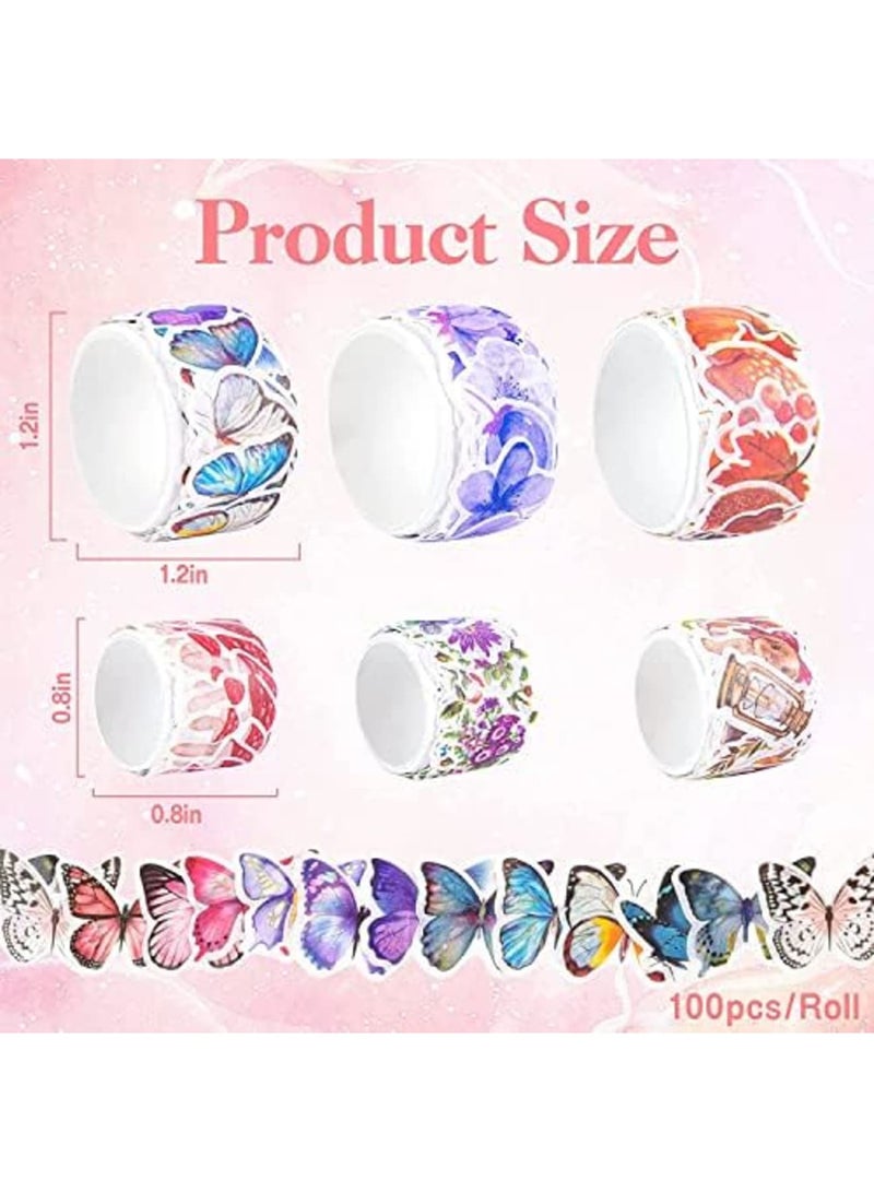600 قطعة شريط لاصق وشي، 6 لفات شريط وشي عتيق، زينة فراشة وزهرة وحيوان وأوراق وفطر، ملصقات ألبوم قصاصات للفن، ملصقات جمالية ملونة - Image 5