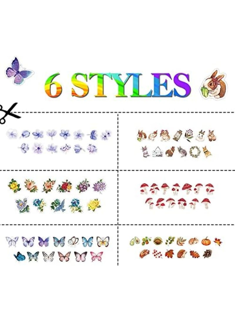 600 قطعة شريط لاصق وشي، 6 لفات شريط وشي عتيق، زينة فراشة وزهرة وحيوان وأوراق وفطر، ملصقات ألبوم قصاصات للفن، ملصقات جمالية ملونة - Image 3