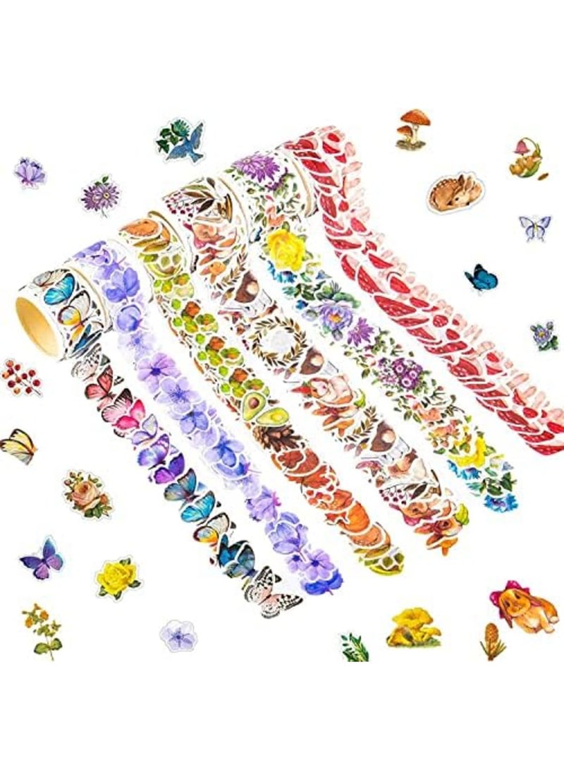 600 قطعة شريط لاصق وشي، 6 لفات شريط وشي عتيق، زينة فراشة وزهرة وحيوان وأوراق وفطر، ملصقات ألبوم قصاصات للفن، ملصقات جمالية ملونة - Image 1