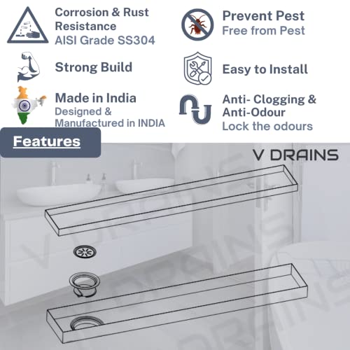 V DRAINS 600x80 mm Tile Marble Insert Floor Shower Drain Channel | Linear (Long) Drain for Bathrooms Floor, Terraces, Balconies of SS (Grade AISI 304) with Cockroach Trap | Side Outlet (24x3 inches) - Image 3
