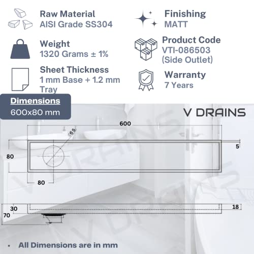 V DRAINS 600x80 mm Tile Marble Insert Floor Shower Drain Channel | Linear (Long) Drain for Bathrooms Floor, Terraces, Balconies of SS (Grade AISI 304) with Cockroach Trap | Side Outlet (24x3 inches) - Image 2