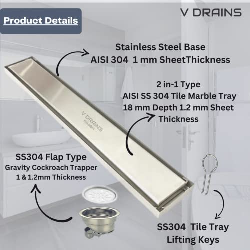 V DRAINS 600x80 mm Tile Marble Insert Floor Shower Drain Channel | Linear (Long) Drain for Bathrooms Floor, Terraces, Balconies of SS (Grade AISI 304) with Cockroach Trap | Side Outlet (24x3 inches) - Image 4