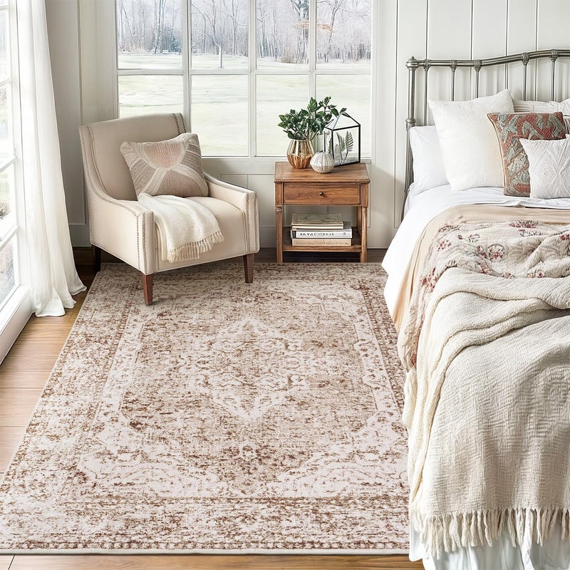 Lofus 5x7 Area Rugs for Living Room, Washable Area Rug, Rugs for Bedroom, Kitchen, Vintage Boho Carpet, Soft Non-Slip, Low Pile Large Area Rug for Office Dining Room, Vintage Beige Brown - Image 2