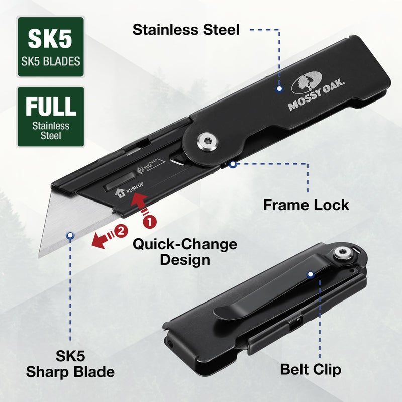 Mossy Oak مجموعة سكاكين جيب قابلة للطي من موسي أوك 2-pack، قاطع صناديق بتغيير سريع مع قفل إطار، سكين حلاقة قابلة للطي مع مشبك حزام، مغسولة بالحجر - Image 2