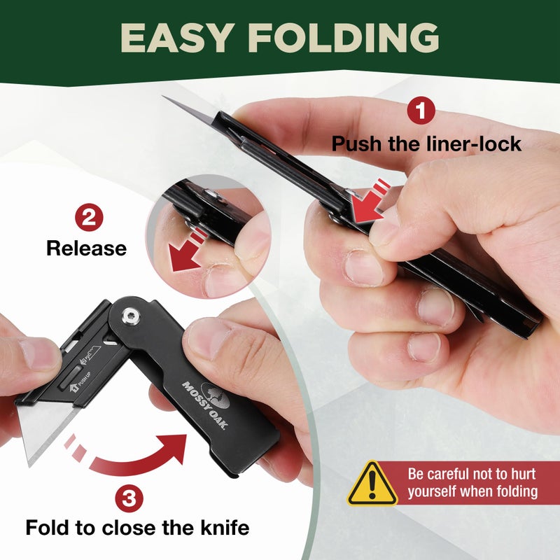 Mossy Oak مجموعة سكاكين جيب قابلة للطي من موسي أوك 2-pack، قاطع صناديق بتغيير سريع مع قفل إطار، سكين حلاقة قابلة للطي مع مشبك حزام، مغسولة بالحجر - Image 5