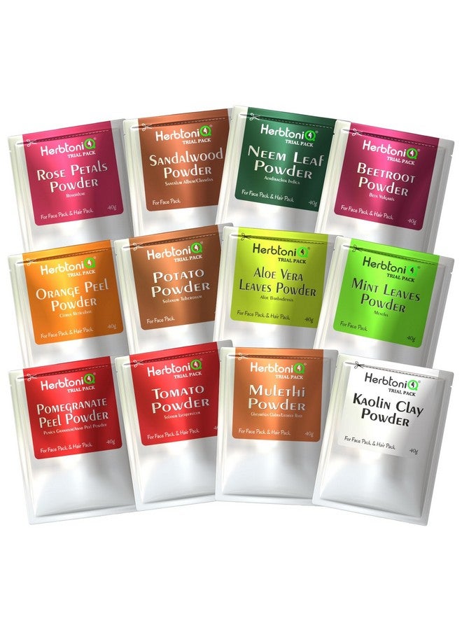 Herbtoniq 12-In-1 Natural Skin Care Trial Pack Combo For Face Packs, Face Wash, Scrubs, Diy Ubtan, And More To Combat Acne, Pimples, Pigmentation, And Spots (40G Each) - Image 1