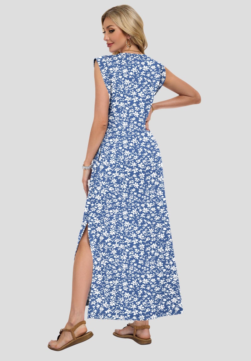 AUSELILY Sundresses for Women Wrinkle Free Casual Travel V Neck Split Sleeveless Loose Long Maxi Dress with Pockets 2026 Gray Blue Flower S - Image 2