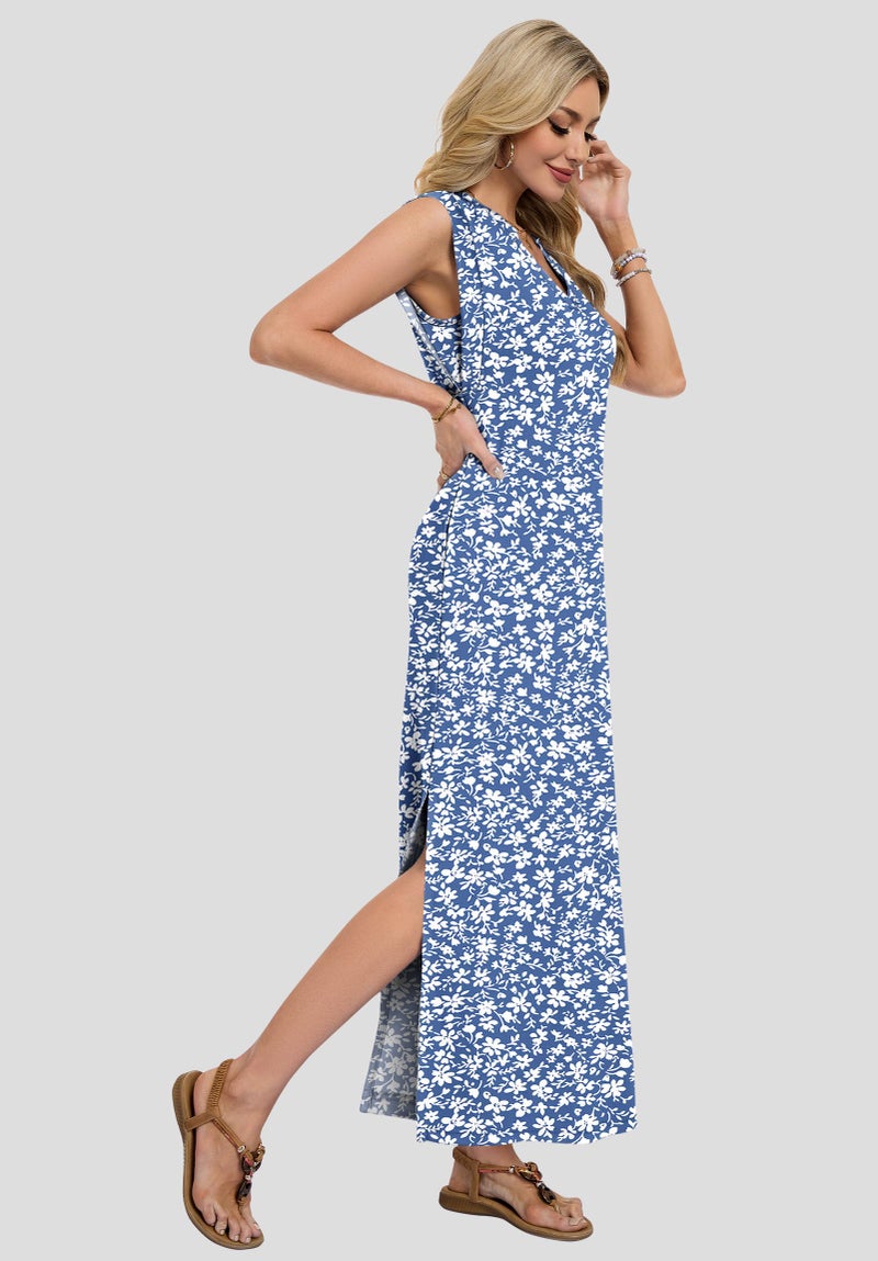 AUSELILY Sundresses for Women Wrinkle Free Casual Travel V Neck Split Sleeveless Loose Long Maxi Dress with Pockets 2026 Gray Blue Flower S - Image 4