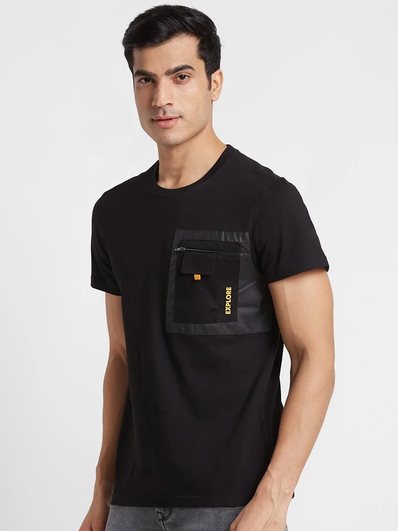 globus Globus Men Black Printed Round Neck Cotton Regular Fit Casual T-shirt