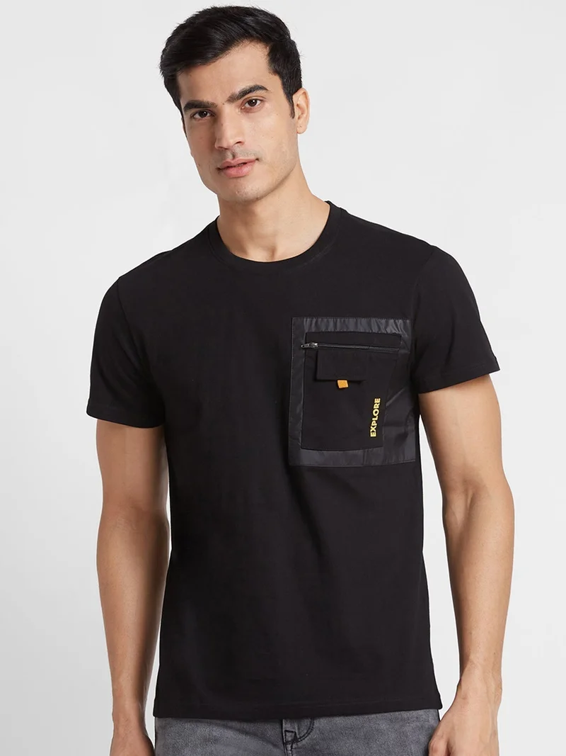 globus Globus Men Black Printed Round Neck Cotton Regular Fit Casual T-shirt