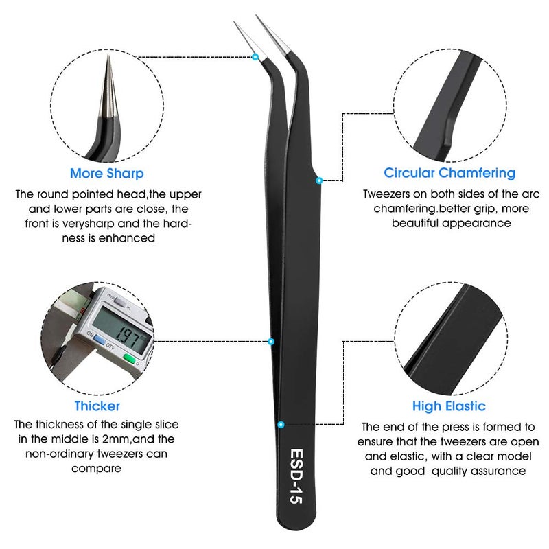 UUBAAR 10 PCS Precision Tweezers Set, Premium Craft Tweezers Kit, Stainless Steel Electronic ESD Tweezers, Anti-static Industrial Soldering Tweezers, with Tweezer Storage Bag - Image 4