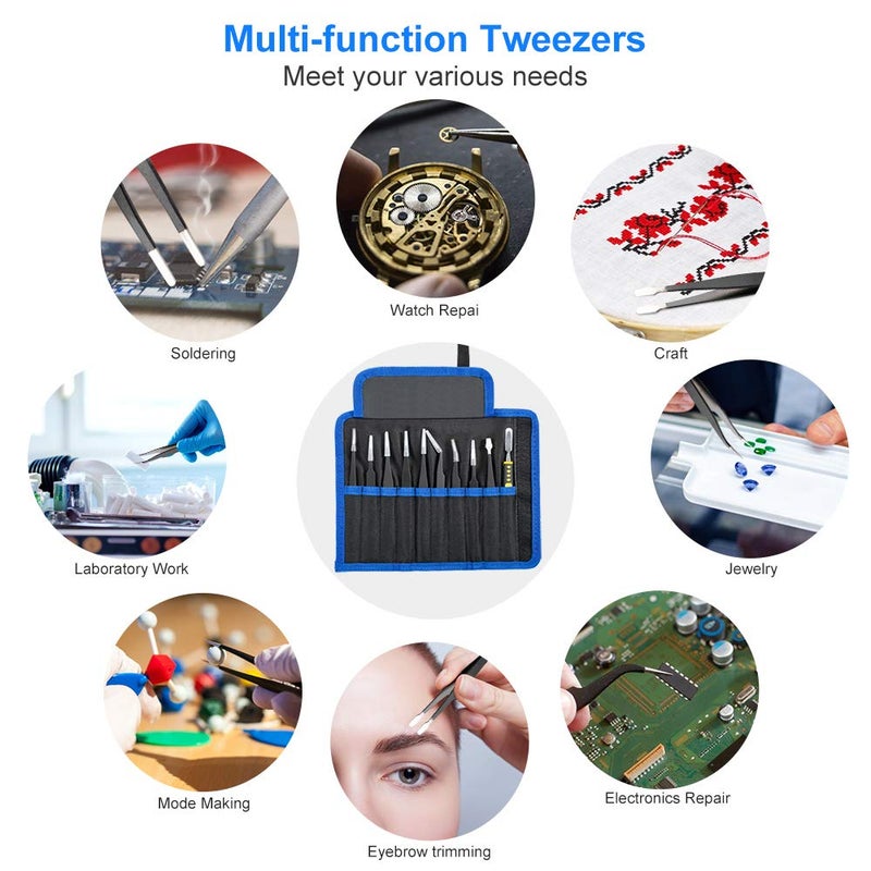 UUBAAR 10 PCS Precision Tweezers Set, Premium Craft Tweezers Kit, Stainless Steel Electronic ESD Tweezers, Anti-static Industrial Soldering Tweezers, with Tweezer Storage Bag - Image 5