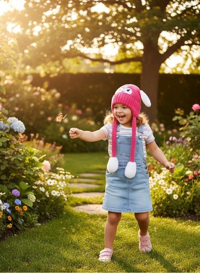 zoba Cute cartoon design winter hat for kids - soft wool hat with a push mechanism to move the ears - interactive and fun for children - warm and lightweight with push balls at the ends - suitable for girls and boys (pink) - Image 4