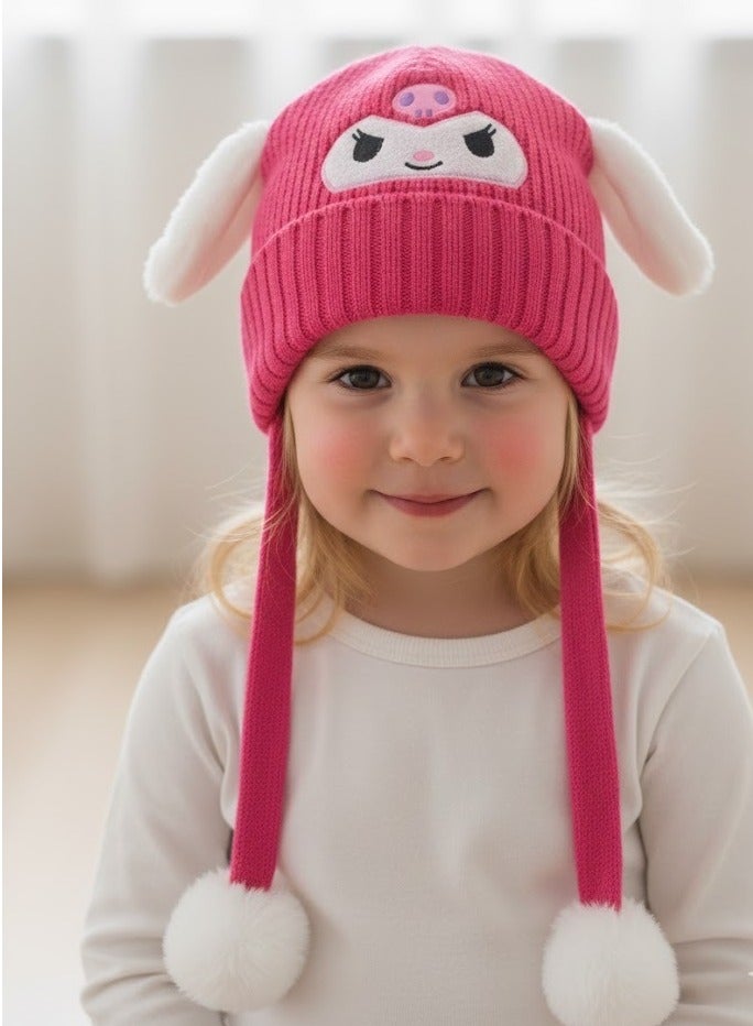 zoba Cute cartoon design winter hat for kids - soft wool hat with a push mechanism to move the ears - interactive and fun for children - warm and lightweight with push balls at the ends - suitable for girls and boys (pink) - Image 2