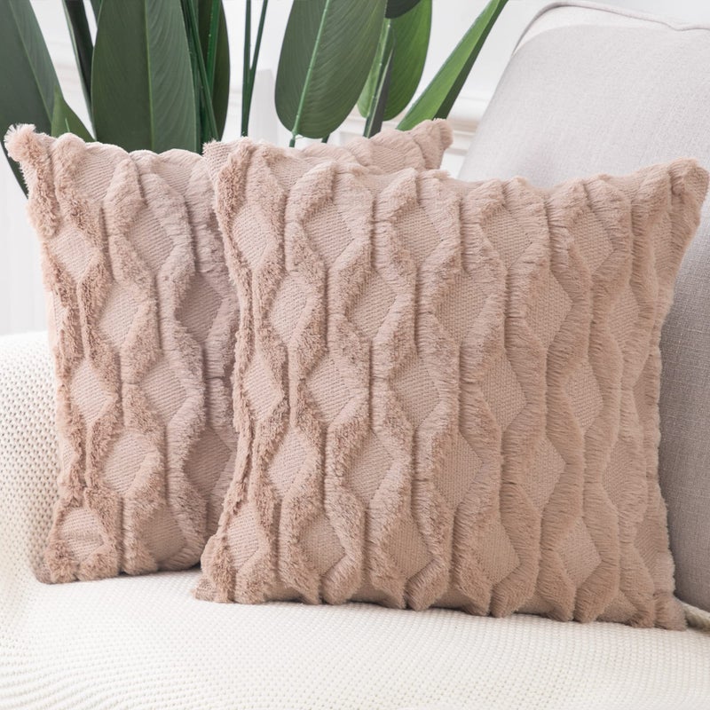 Madizz Set of 2 Soft Plush Short Wool Velvet Decorative Cushion Covers Luxury Style Throw Pillow Cases Pillow Shell for Sofa Bedroom Square Light Brown 20x20 inch 50x50 cm