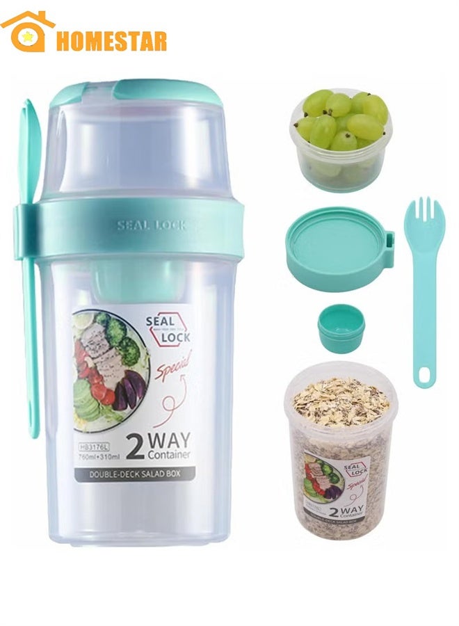 هومستر أكواب الزبادي على الطريق مع ملعقة، كأس سلطة مزدوجة الطبقة، مع غطاء الشوكة مربع الغمر، حاوية الختم الجيد المحمولة، الأخضر ﻿ - Image 1