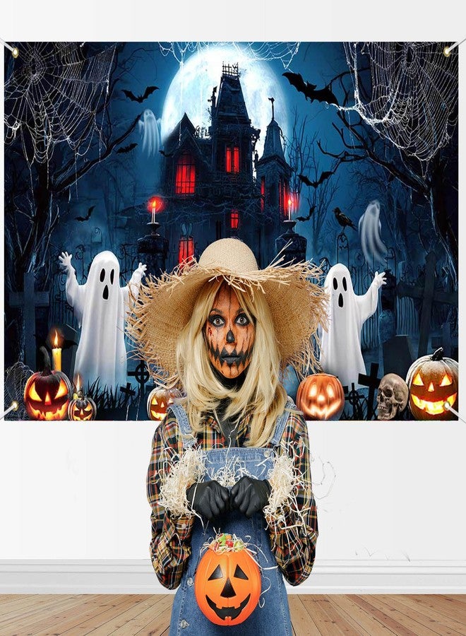 Mocsicka Happy Halloween Banner Backdrop Haunted House Spooky Ghost Halloween Background Birthday Baby Shower Banner Decorations Photo Booth Props 70.8 x 43.3 Inch - Image 3