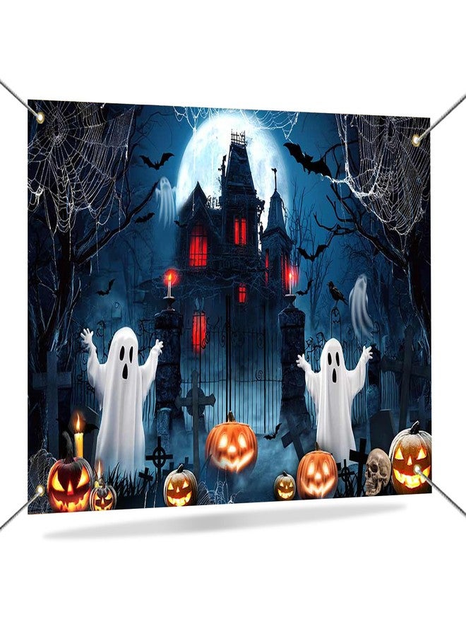 Mocsicka Happy Halloween Banner Backdrop Haunted House Spooky Ghost Halloween Background Birthday Baby Shower Banner Decorations Photo Booth Props 70.8 x 43.3 Inch - Image 1