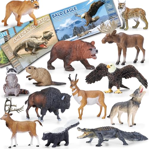 KarberDark 13 Pcs North American Forest Animal Figure Set with Educational Booklet and Gift Box Realistic Plastic Animals Toy for Kids Jungle Theme Party Favor Cake Topper Birthday Gift for Toddler Boy Girl - Image 1