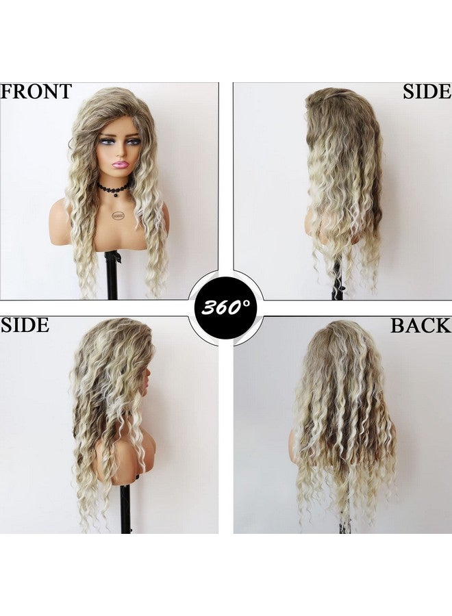 GNIMEGIL Long Ash Blonde Wigs For White Women Ombre Blonde Curly Wig Wavy Synthetic Wig Brown Dark Roots 80S Wigs Halloween Costume For Women - Image 4