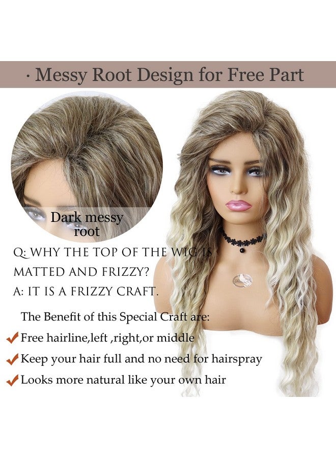 GNIMEGIL Long Ash Blonde Wigs For White Women Ombre Blonde Curly Wig Wavy Synthetic Wig Brown Dark Roots 80S Wigs Halloween Costume For Women - Image 5