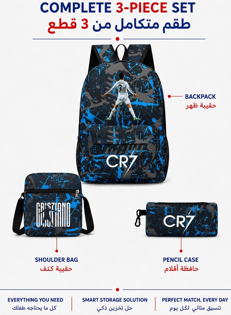 CR7 Themed 3-Piece Backpack Set, Includes A Backpack, Shoulder Bag and Pencil Case or Wallet - School and Travel Bags for Boys, Girls, Men, Women - Multipocket Storage, Durable, Adjustable, Breathable - Image 3