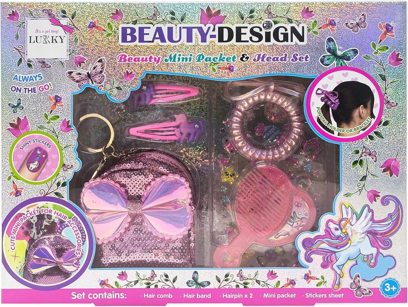 LUKKY Beauty Design Mini Packet and Head Set for Girls Includes Hair Comb, Headband, Hairpins, Sticker Sheet & Bow Style Accessories Kit, Dress Up Play Collection, Gift for Age 3+ Years - Image 1