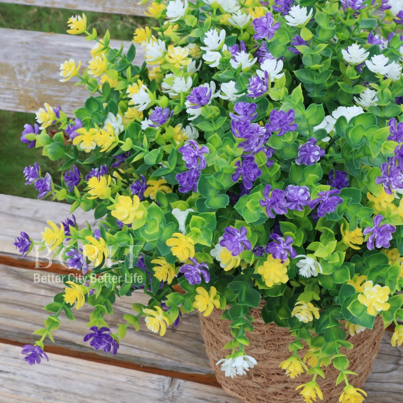 BCBLF UV Resistant Artificial Flowers for Indoor and Outdoor Use, 12 Bundles Not-Fading Faux Plants for Porch, Patio, Garden, and Home Decoration - Yellow Purple White - Image 5