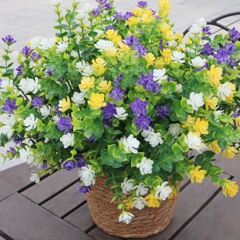 BCBLF UV Resistant Artificial Flowers for Indoor and Outdoor Use, 12 Bundles Not-Fading Faux Plants for Porch, Patio, Garden, and Home Decoration - Yellow Purple White - Image 1