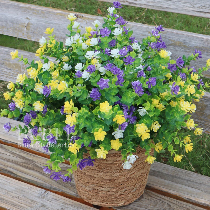 BCBLF UV Resistant Artificial Flowers for Indoor and Outdoor Use, 12 Bundles Not-Fading Faux Plants for Porch, Patio, Garden, and Home Decoration - Yellow Purple White - Image 4