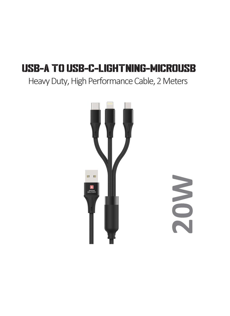 SWISS MILITARY 3-in-1 Multi Fast Charging Cable (6FT/2M): Original 5A, Lightning/Type C/Micro, Compatible with iPhone/Huawei/Samsung/OPPO/VIVO/Xiaomi/Honor, 5Amps – Black  - Image 2