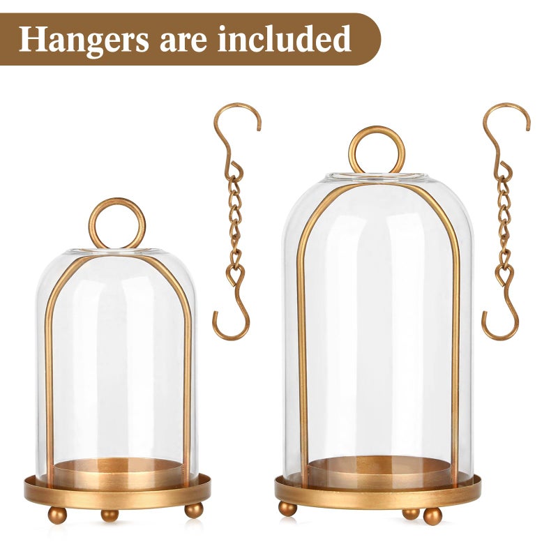 SUJUN Vintage Brass Metal Candle Lantern with Thick Glass Dome â€“ Set of 2 Shabby Chic Style Candle Holders (5.25"x10" & 4.5"x7.87") â€“ Hanging or Tabletop Decor for Pillar Candles, Plants - Image 3