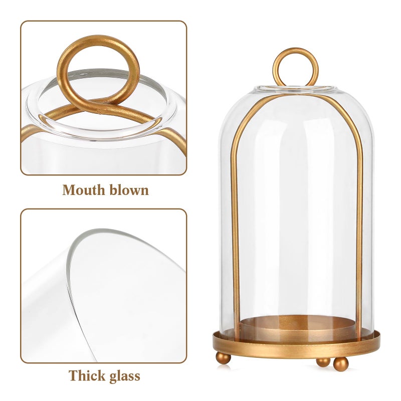 SUJUN Vintage Brass Metal Candle Lantern with Thick Glass Dome â€“ Set of 2 Shabby Chic Style Candle Holders (5.25"x10" & 4.5"x7.87") â€“ Hanging or Tabletop Decor for Pillar Candles, Plants - Image 4