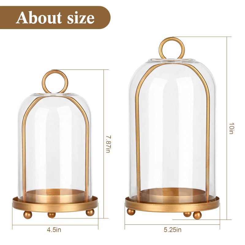 SUJUN Vintage Brass Metal Candle Lantern with Thick Glass Dome â€“ Set of 2 Shabby Chic Style Candle Holders (5.25"x10" & 4.5"x7.87") â€“ Hanging or Tabletop Decor for Pillar Candles, Plants - Image 2