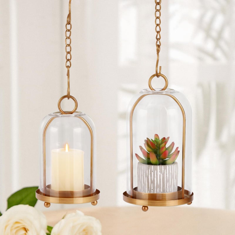SUJUN Vintage Brass Metal Candle Lantern with Thick Glass Dome â€“ Set of 2 Shabby Chic Style Candle Holders (5.25"x10" & 4.5"x7.87") â€“ Hanging or Tabletop Decor for Pillar Candles, Plants - Image 5