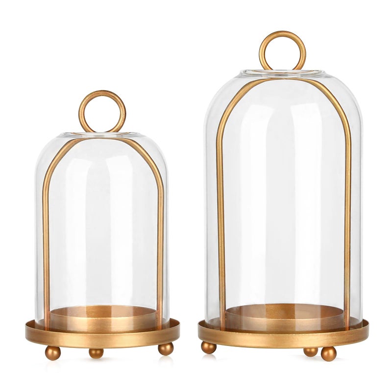 SUJUN Vintage Brass Metal Candle Lantern with Thick Glass Dome â€“ Set of 2 Shabby Chic Style Candle Holders (5.25"x10" & 4.5"x7.87") â€“ Hanging or Tabletop Decor for Pillar Candles, Plants - Image 1