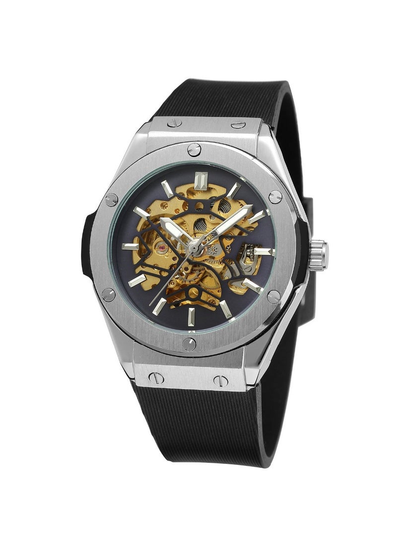 Generic Forsining Mens Skeleton Casual Watch Blue hollow gold movement 