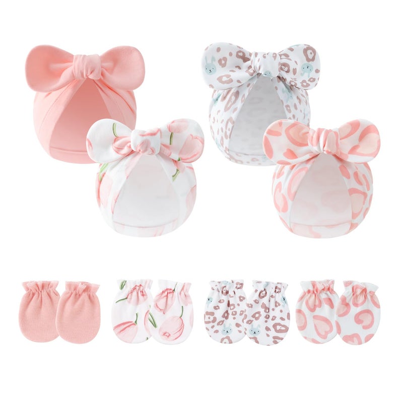 LIDHAY 4PCS Newborn Baby Hospital Hats Beanie Bow Infant Caps Cotton Preemie Hats No Scratch Mittens Set for 0-1 Years Old, Set 02, One Size - Image 1